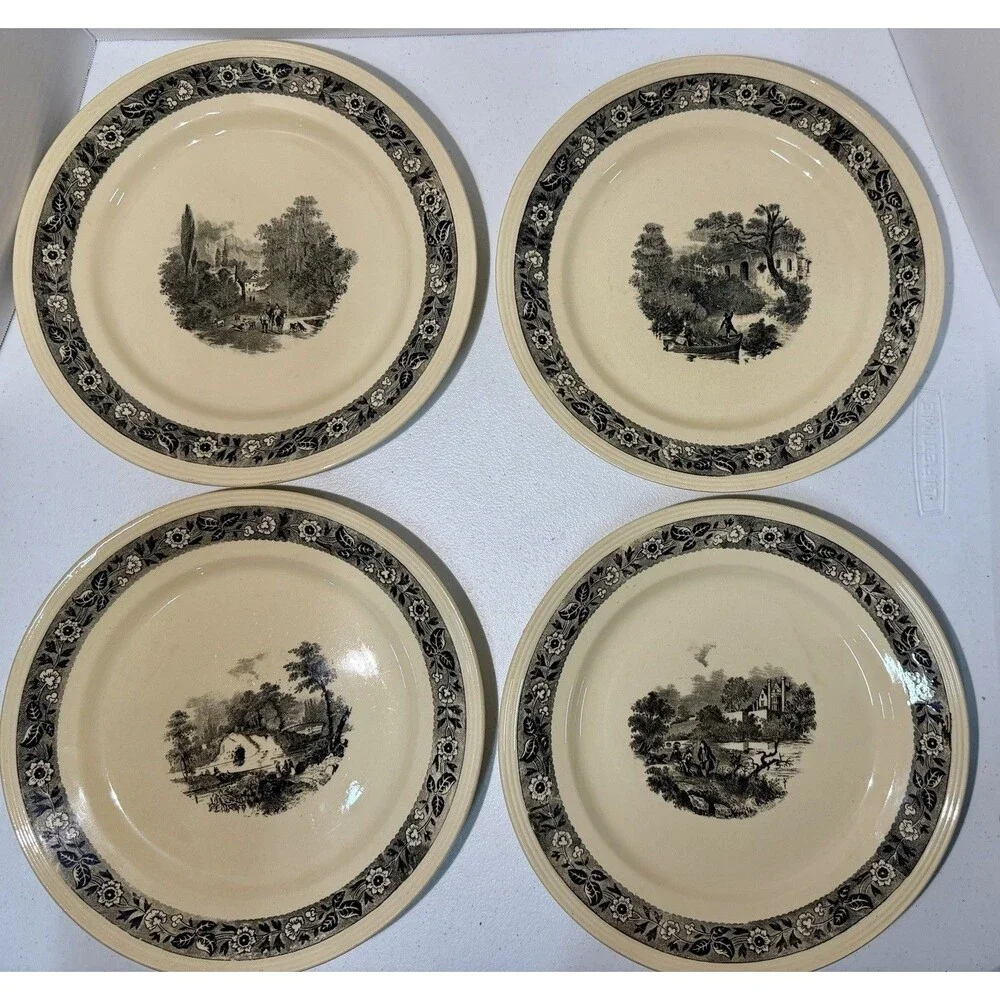 Antique 1900 Sepia Plate Boch la Louviere Black White/Ivory Set Of Four Plates